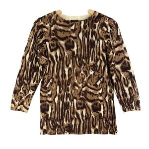 Talbots Pure‎ Merino Wool Women's Sweater Size M 3/4 sleeve Brown Animal print